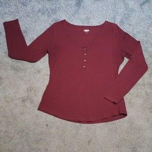 Old Navy Slim Fitting V-Neck Half Button Down Burgundy Long Sleeve Shirt